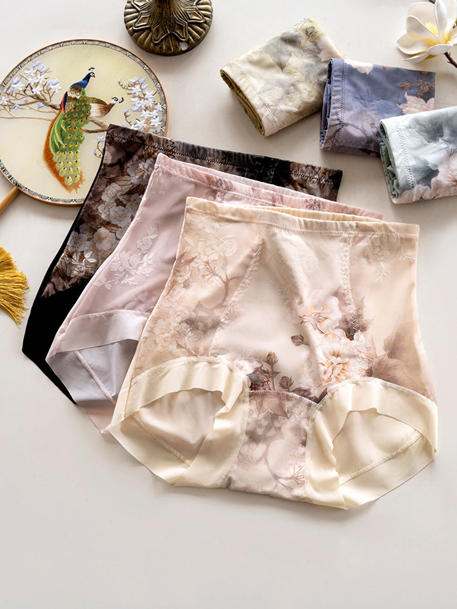 4 Pieces Women Artsy Flower High Waist Underwear