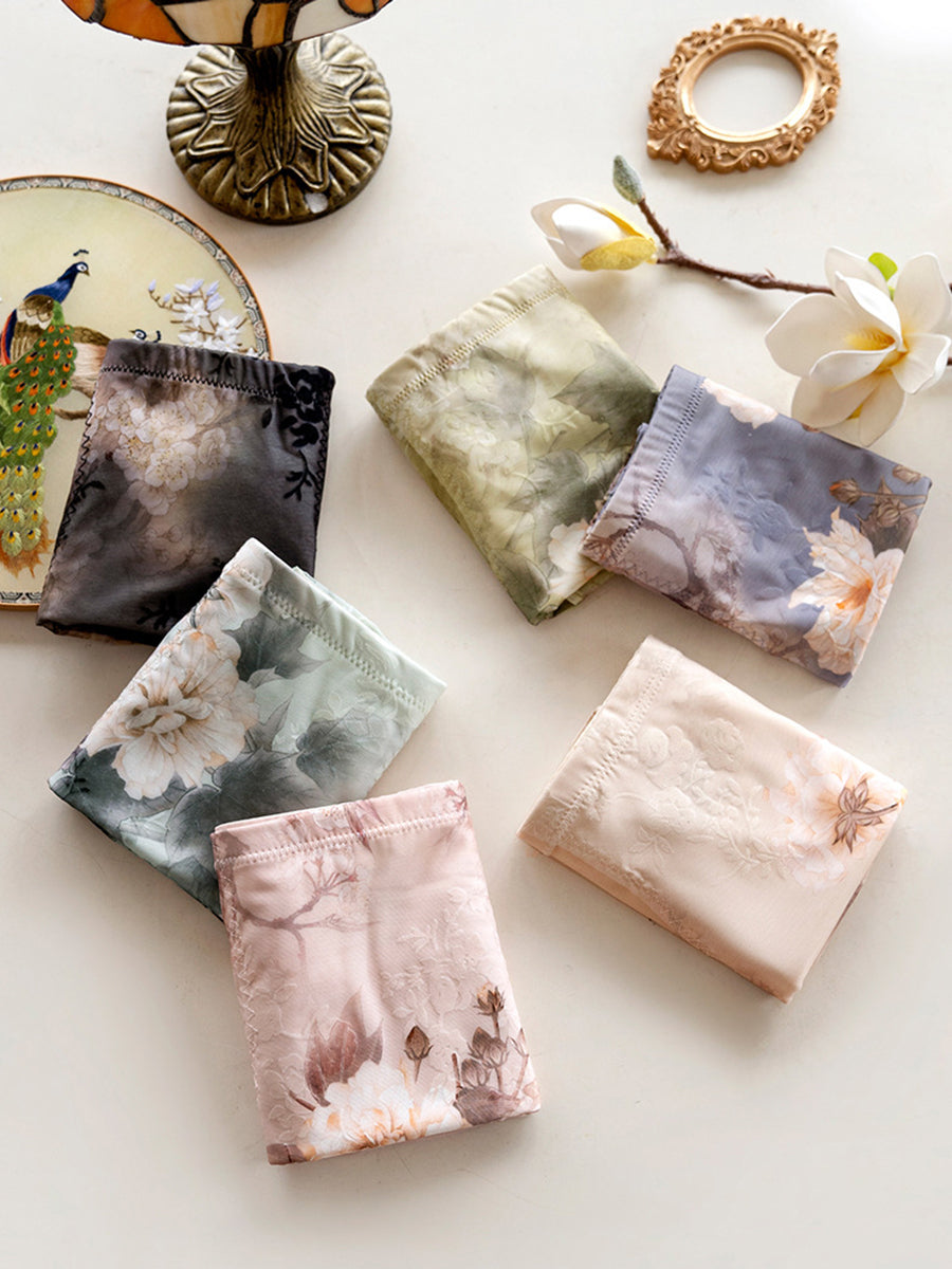 4 Pieces Women Artsy Flower High Waist Underwear