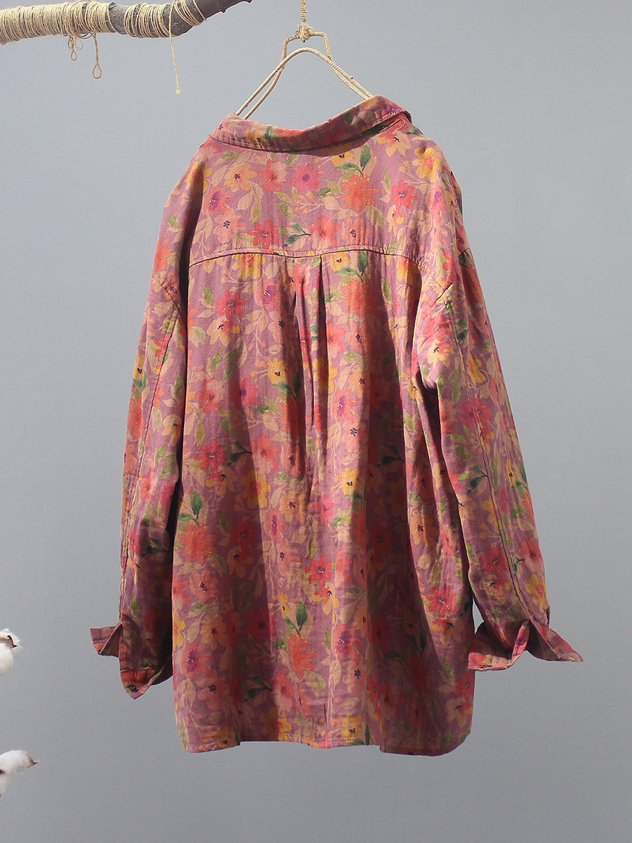 Plus Size Women Artsy Summer Flower 100%Cotton Shirt