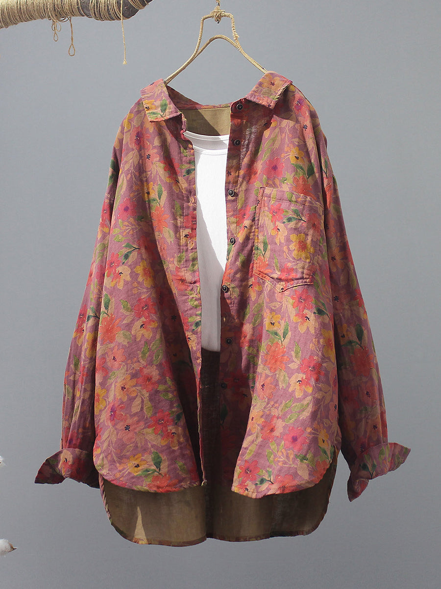 Plus Size Women Artsy Summer Flower 100%Cotton Shirt