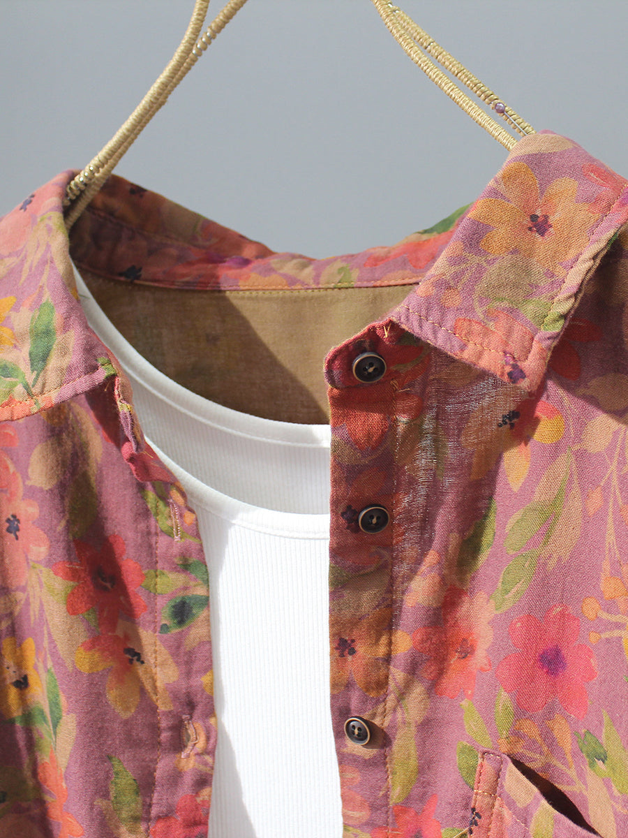 Plus Size Women Artsy Summer Flower 100%Cotton Shirt