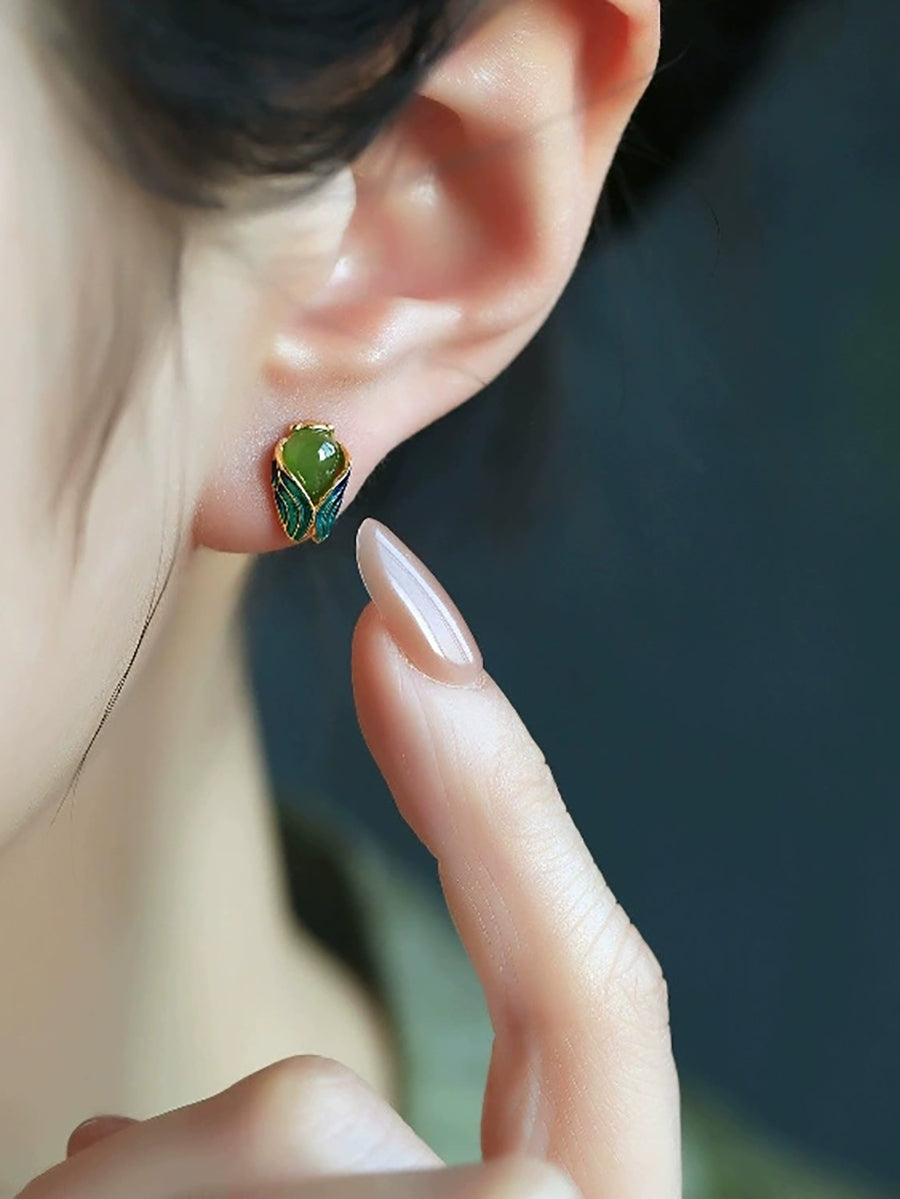 Women Ethnic Enamel Jade Golden Cicada Earring