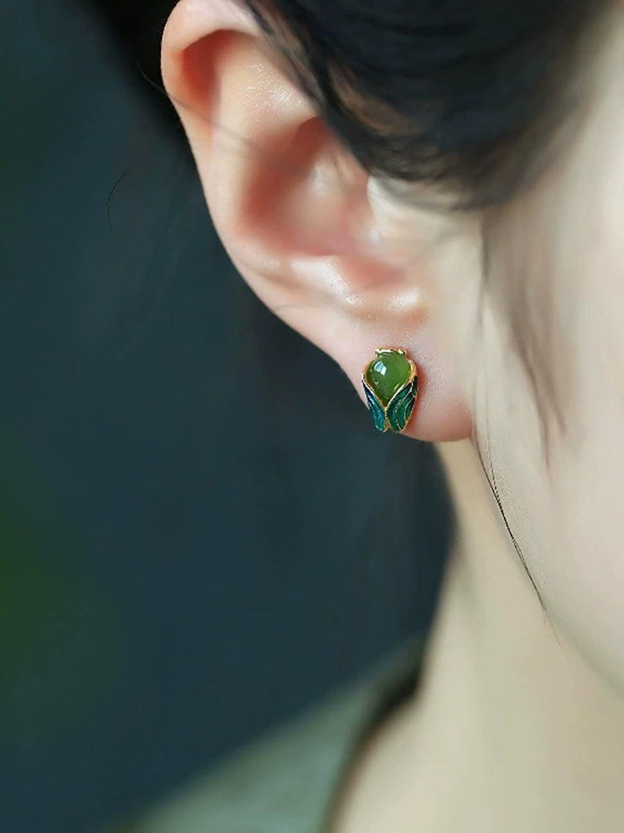 Women Ethnic Enamel Jade Golden Cicada Earring