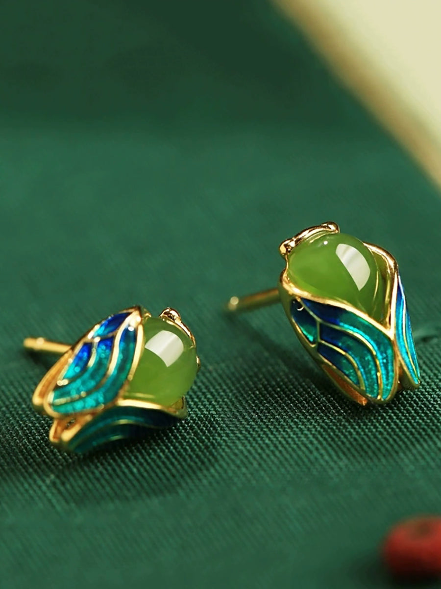 Women Ethnic Enamel Jade Golden Cicada Earring