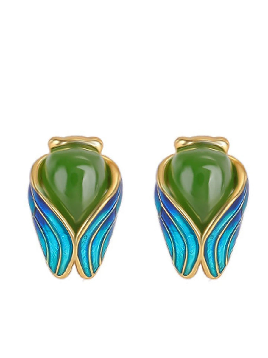 Women Ethnic Enamel Jade Golden Cicada Earring