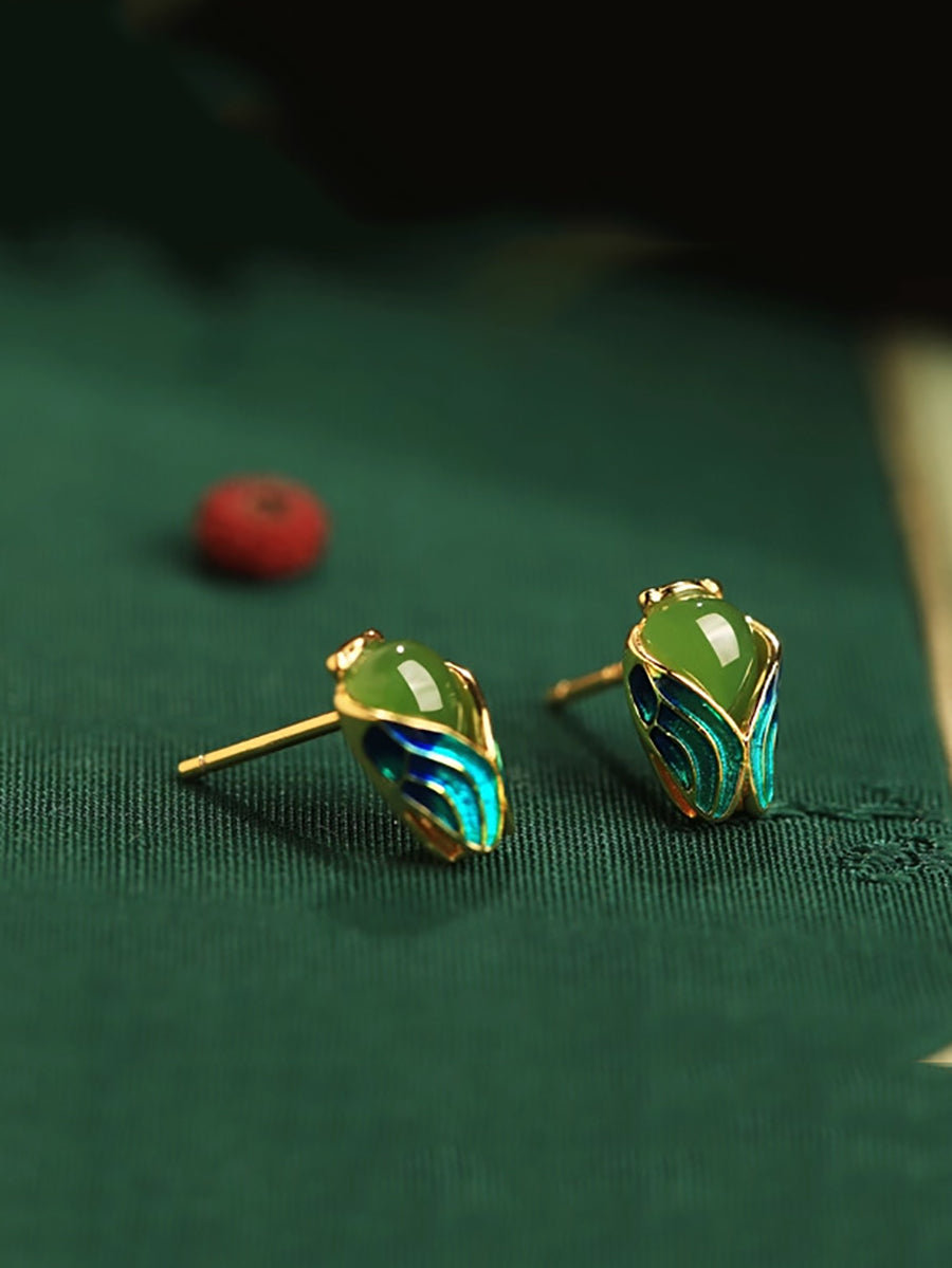 Women Ethnic Enamel Jade Golden Cicada Earring