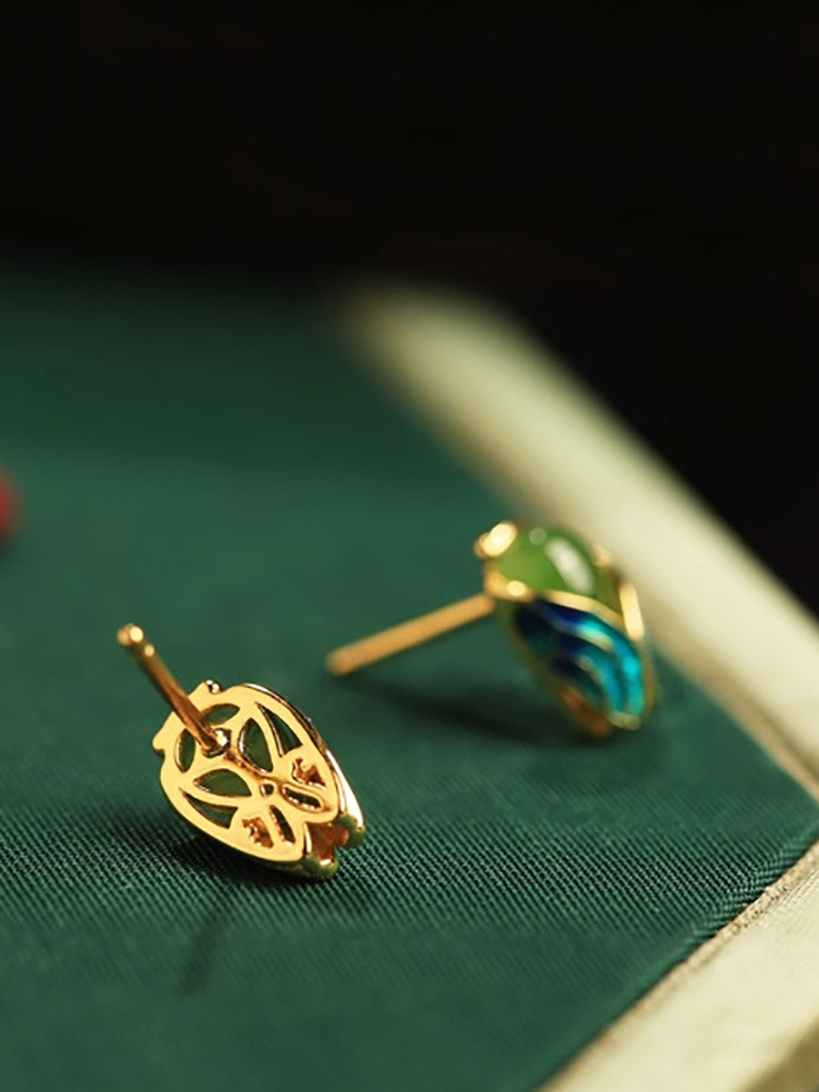 Women Ethnic Enamel Jade Golden Cicada Earring