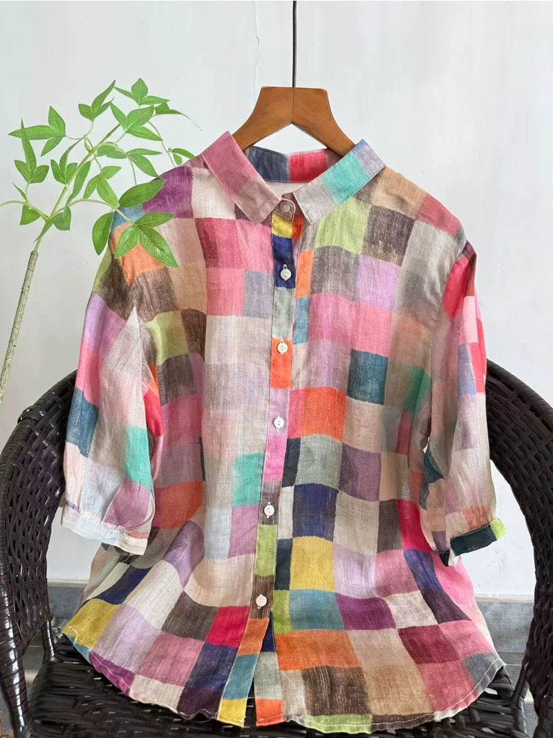 Plus Size Women Summer Artsy Colorful Plaid 100%Ramie Shirt
