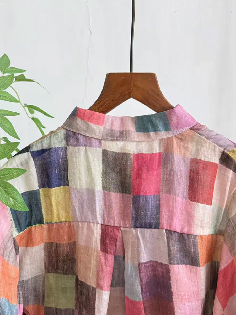 Plus Size Women Summer Artsy Colorful Plaid 100%Ramie Shirt