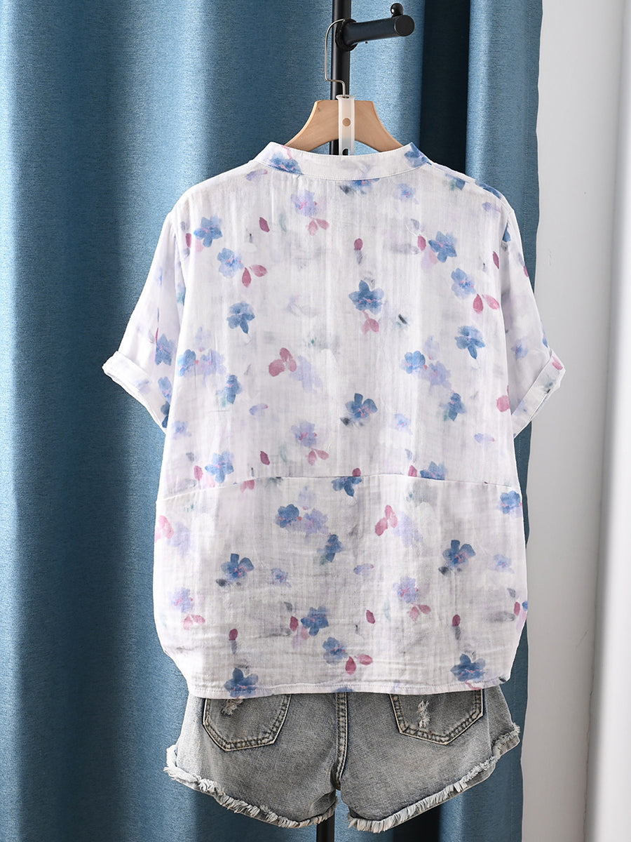 Plus Size Women Summer Artsy Flower 100%Cotton V-Neck Blouse
