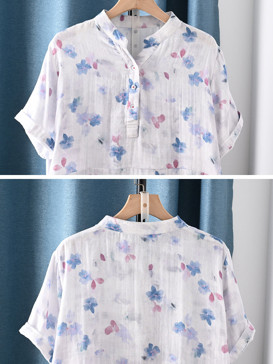 Plus Size Women Summer Artsy Flower 100%Cotton V-Neck Blouse