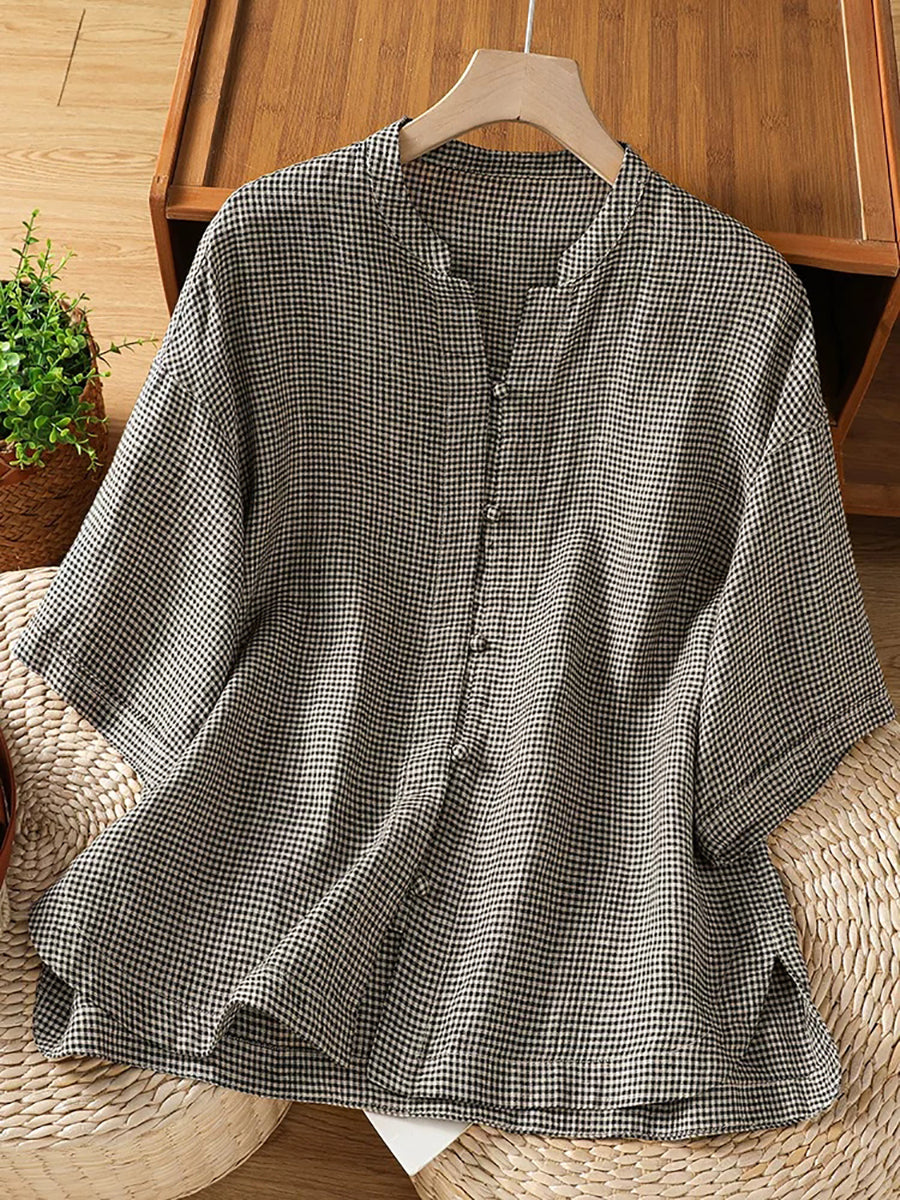 Plus Size Women Summer Retro Lattice Stand Collar Blouse