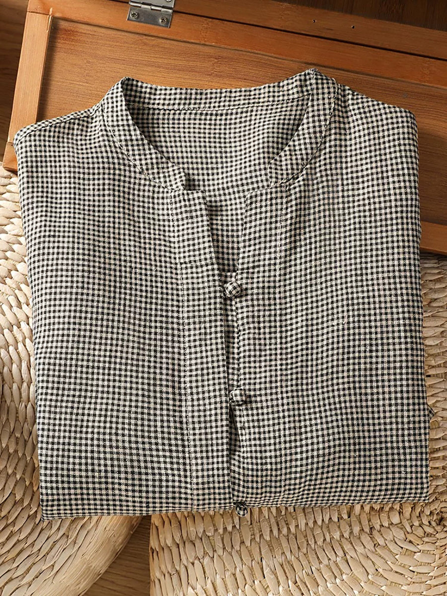 Plus Size Women Retro Lattice Stand Collar Long Sleeve Blouse