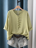 Plus Size Women Summer Retro Pure Color 100%Cotton Blouse