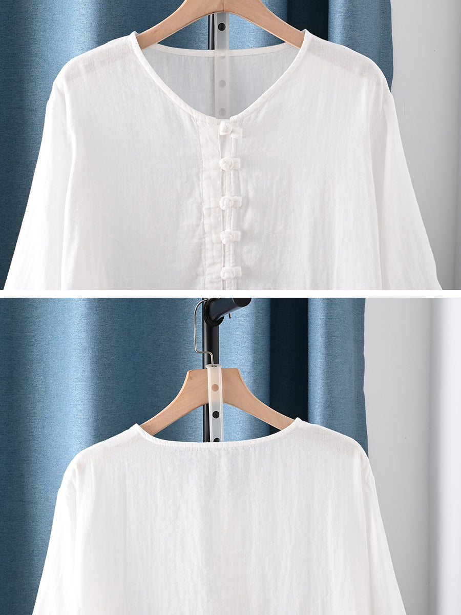Plus Size Women Summer Retro Pure Color 100%Cotton Blouse