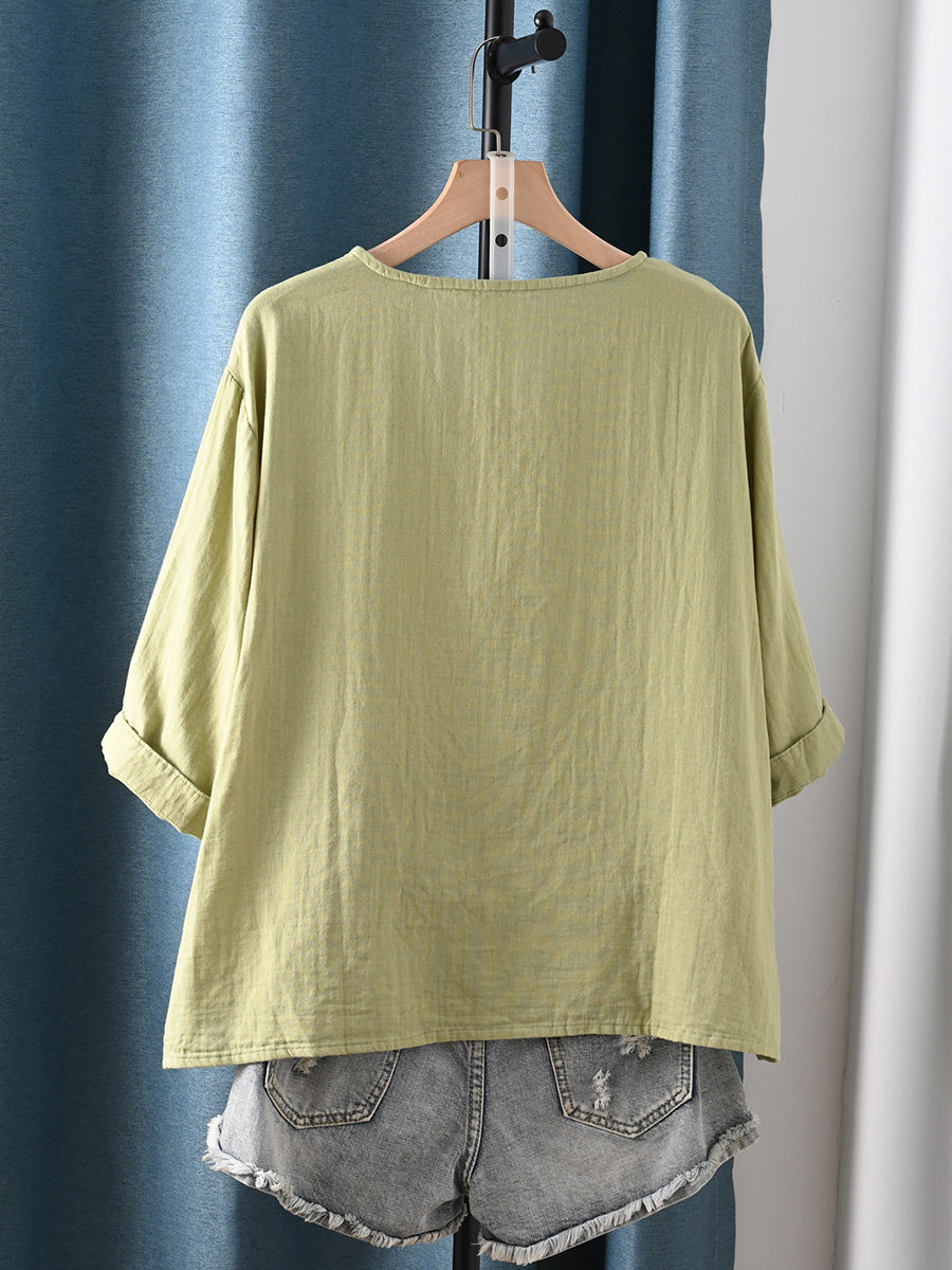 Plus Size Women Summer Retro Pure Color 100%Cotton Blouse