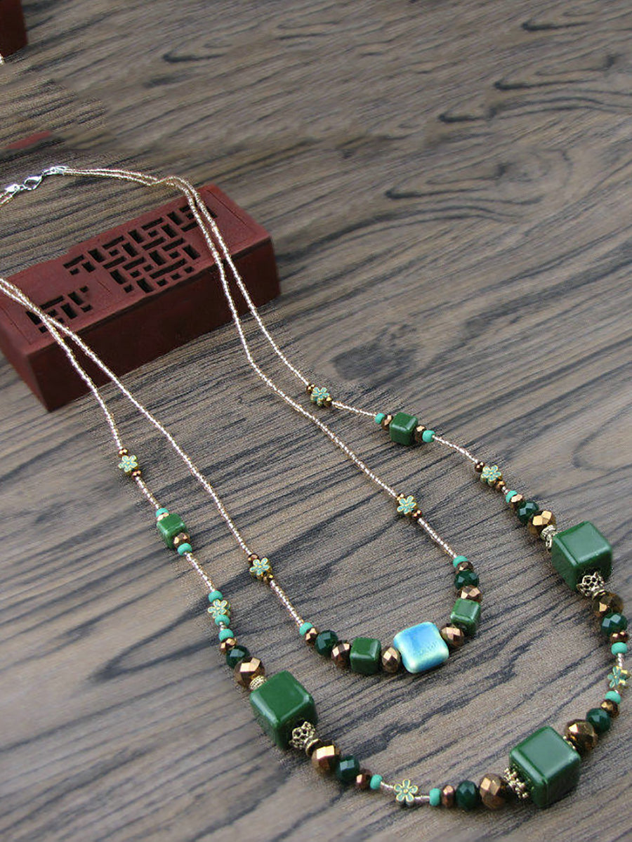 Women Vintage Dual-layer Green Ceramic Beads Necklace