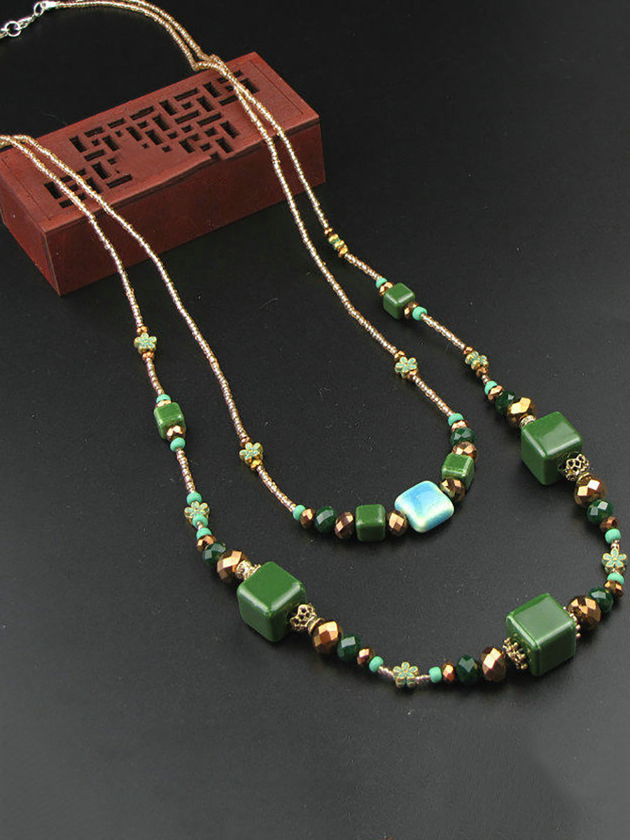 Women Vintage Dual-layer Green Ceramic Beads Necklace