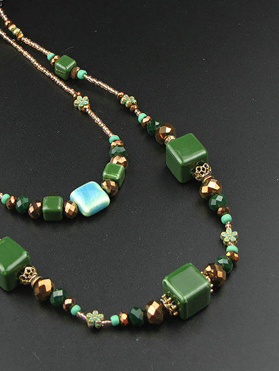 Women Vintage Dual-layer Green Ceramic Beads Necklace