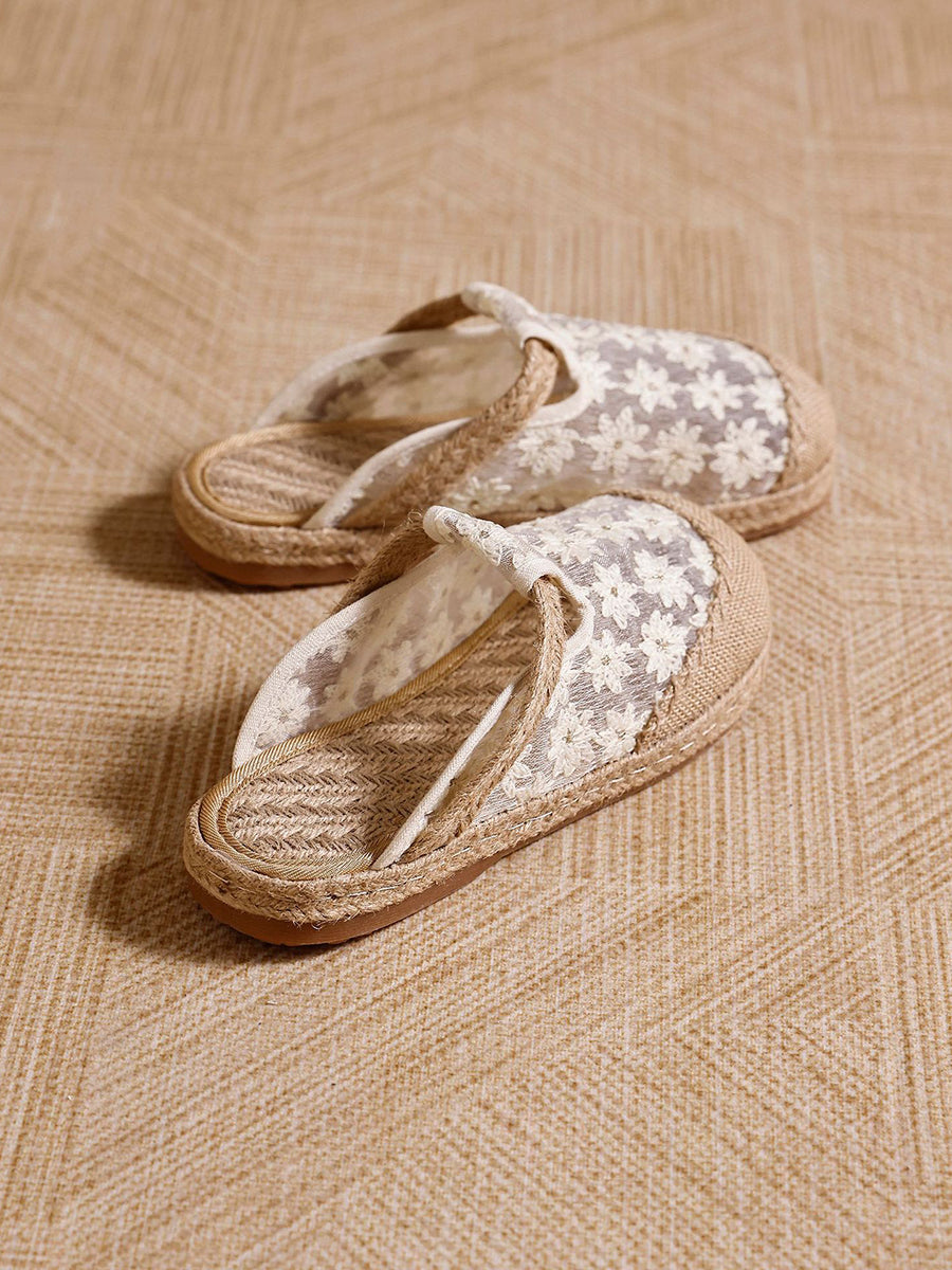 Women Summer Artsy Flower Embroiery Linen Slippers