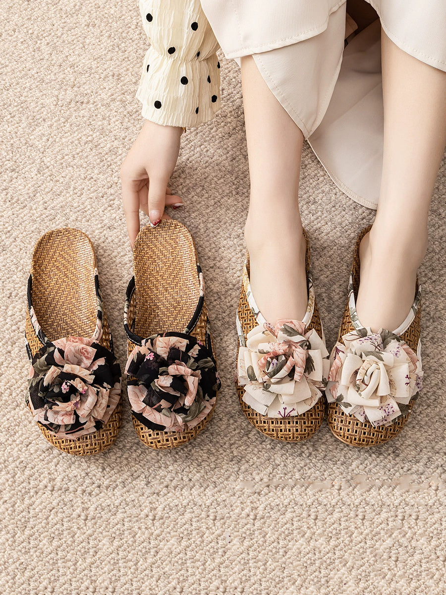 Women Summer Artsy Straw Weave Flower Slippers