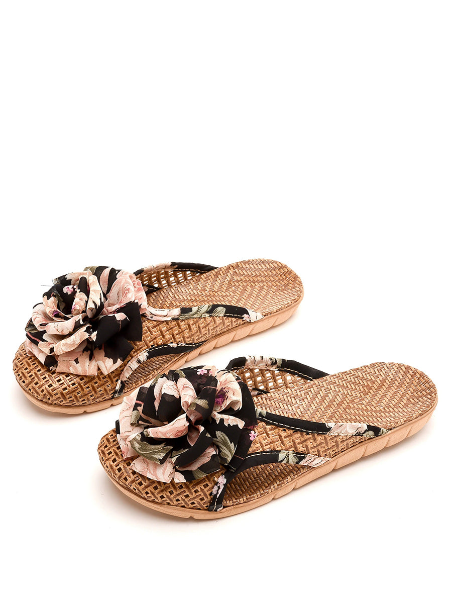 Women Summer Artsy Straw Weave Flower Slippers