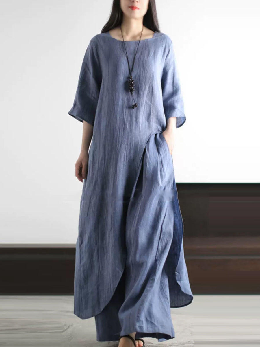 Plus Size Linen Two Piece Set for Women, Summer Vintage Loose Suit