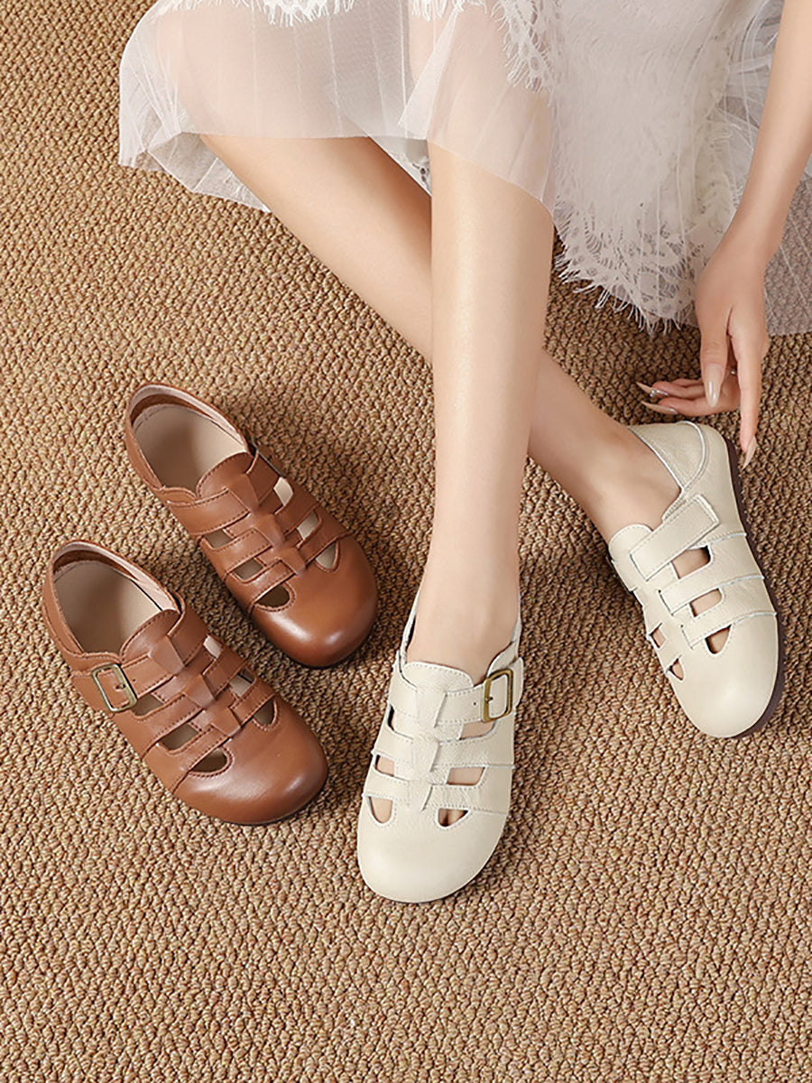 Women Summer Vintage Genuine Leather Flat Sandals