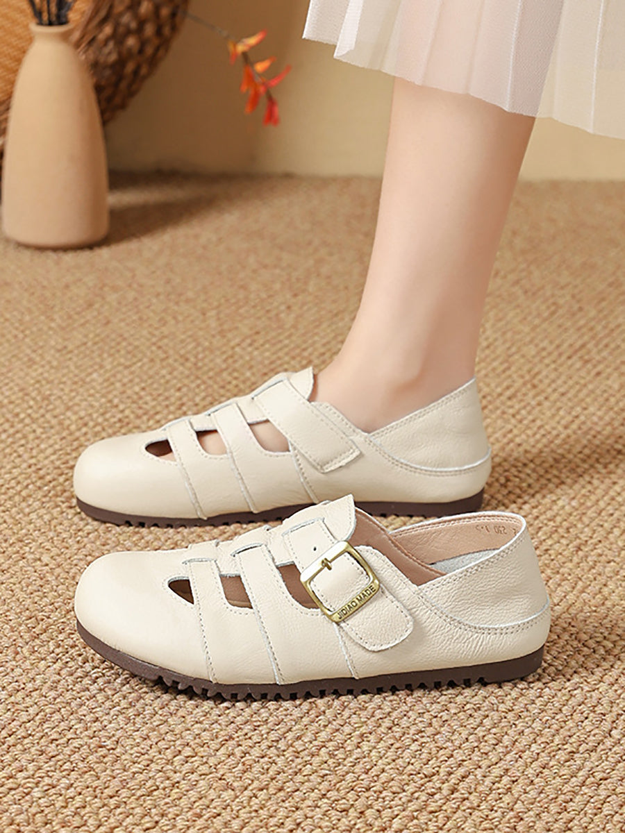 Women Summer Vintage Genuine Leather Flat Sandals