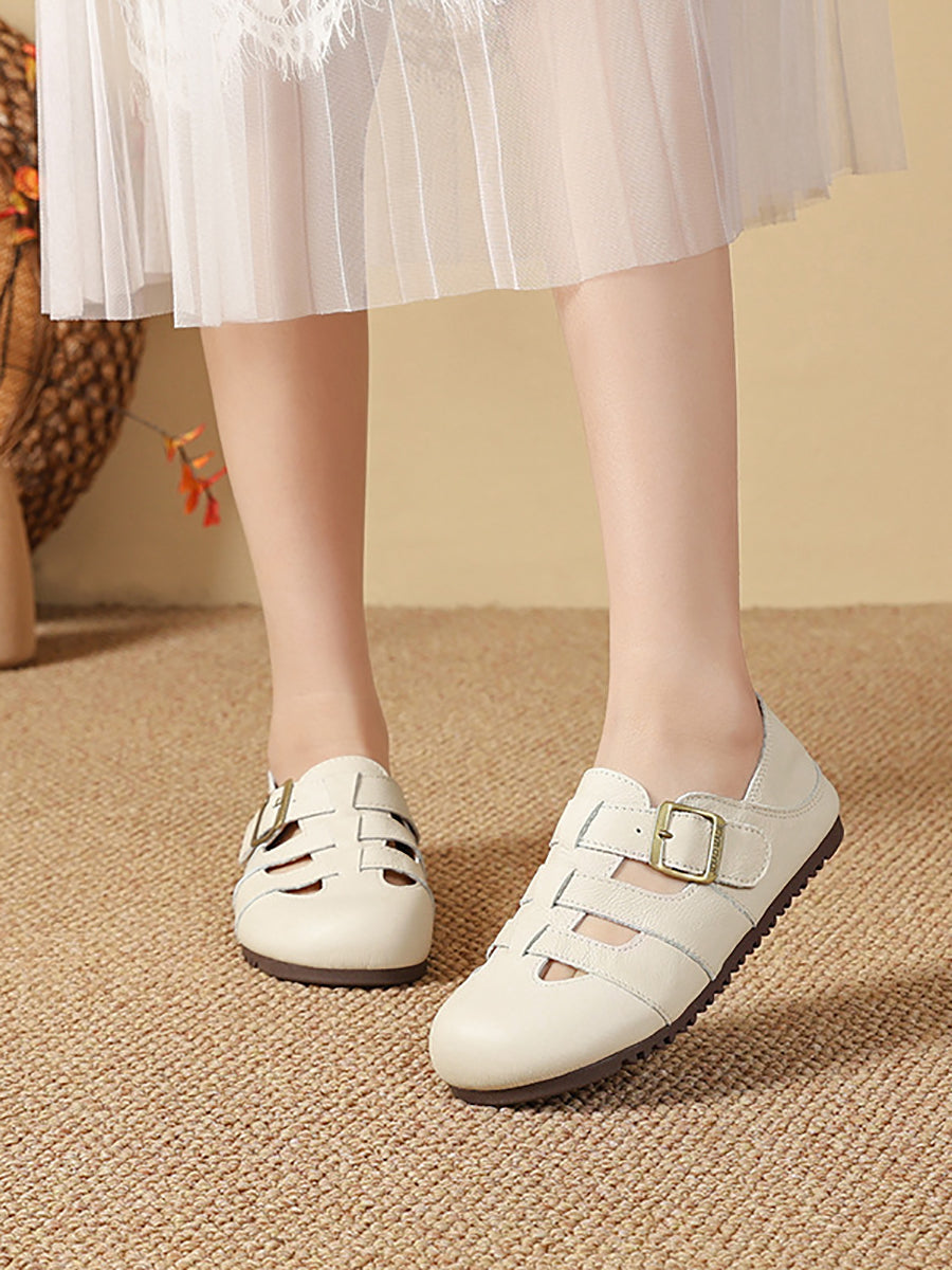 Women Summer Vintage Genuine Leather Flat Sandals
