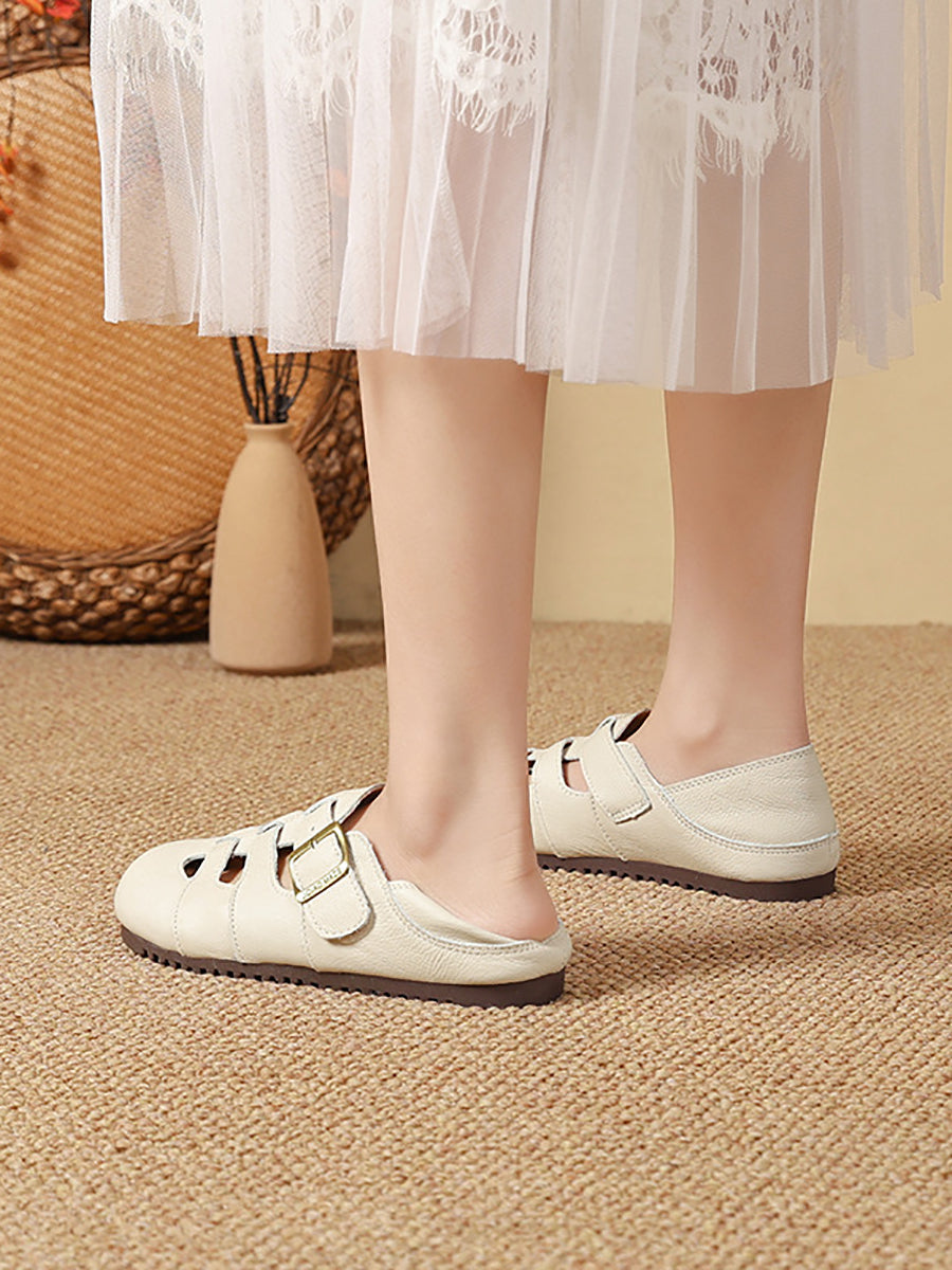 Women Summer Vintage Genuine Leather Flat Sandals