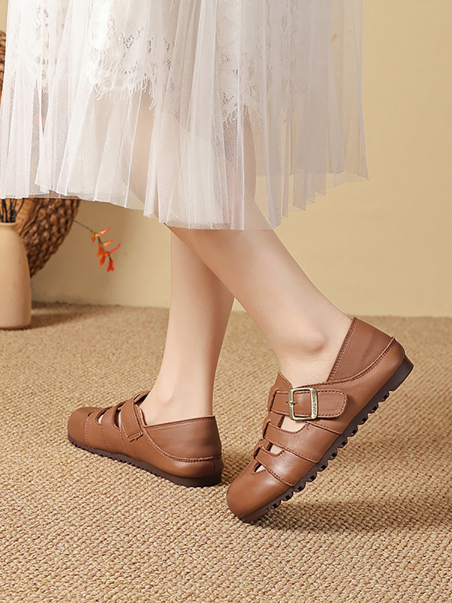 Women Summer Vintage Genuine Leather Flat Sandals