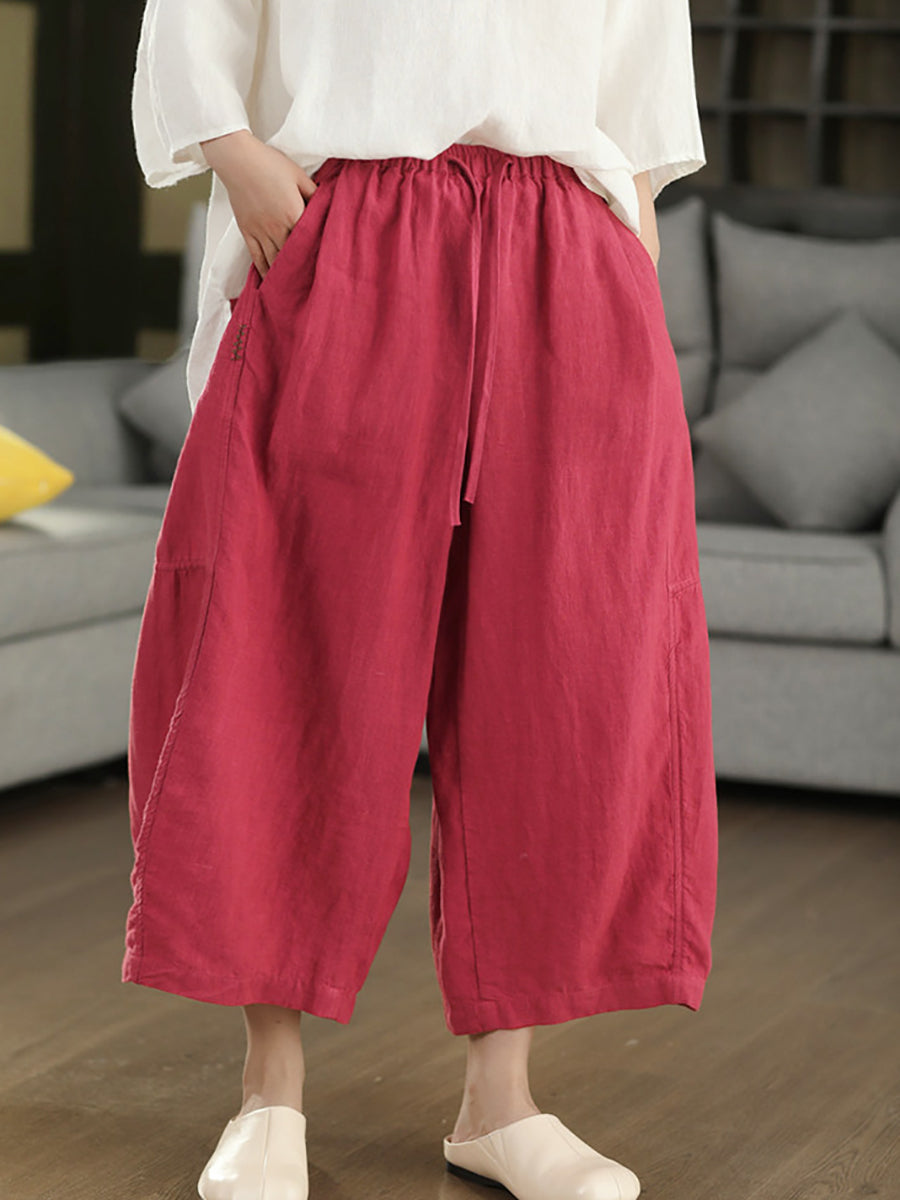 Women Summer Retro Pure Color 100%Linen Wide-leg Pants