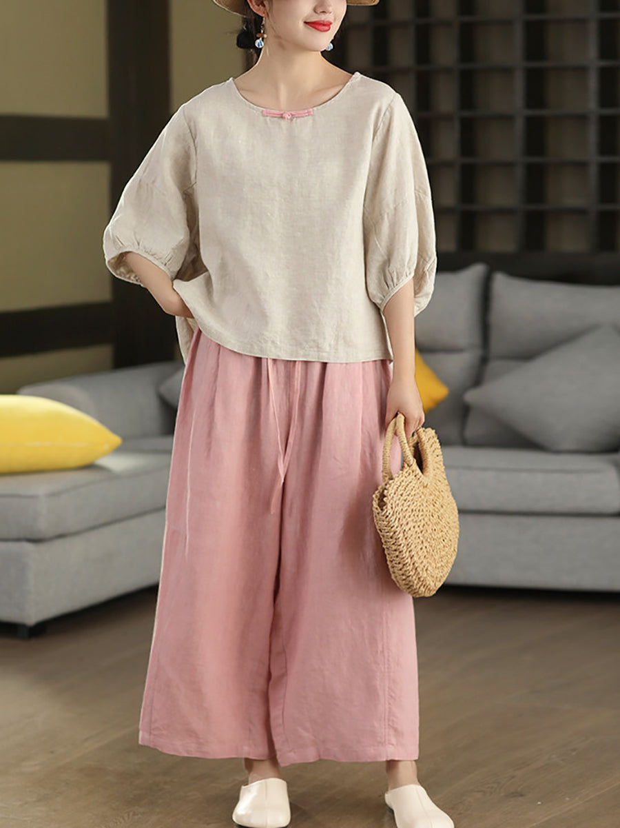 Women Summer Retro Pure Color 100%Linen Wide-leg Pants