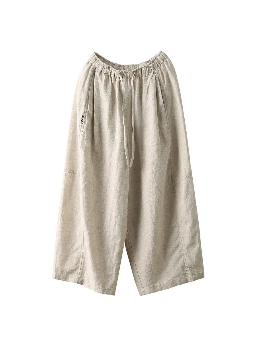 Women Summer Retro Pure Color 100%Linen Wide-leg Pants