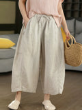 Women Summer Retro Pure Color 100%Linen Wide-leg Pants
