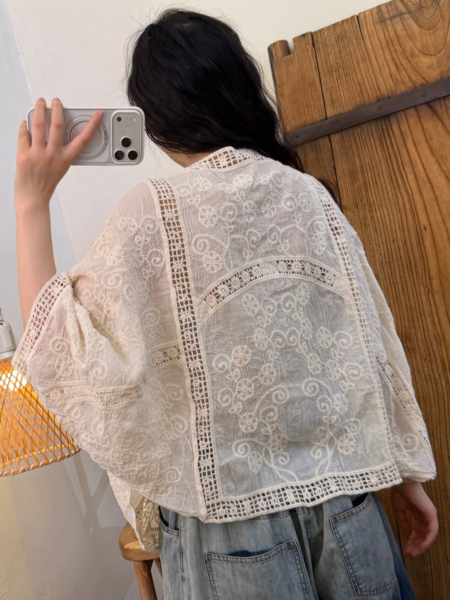 Women Summer Embroidery V-Neck Cotton Cadigan