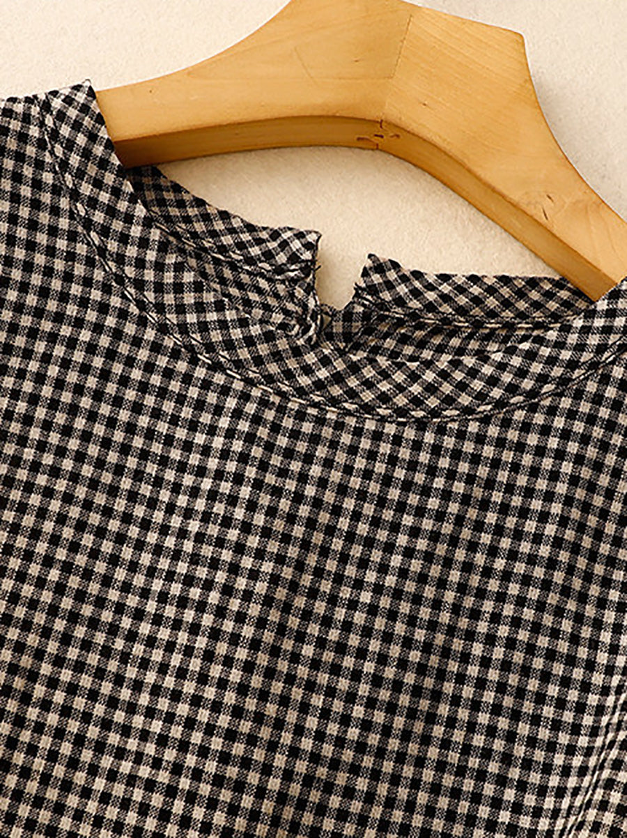 Plus Size Women Retro Plaid Stand Collar Cotton Linen Long Sleeve Shirt