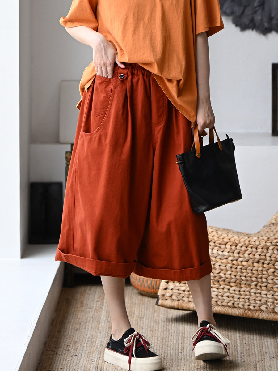 Plus Size Women Summer Pure Color Wide-leg 100%Cotton Capri Pants
