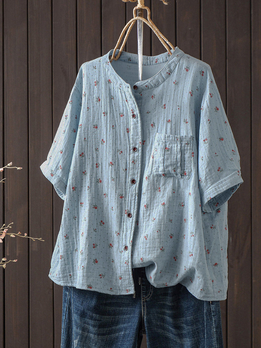 Plus Size Women Summer Artsy Floral Stand Collar 100%Cotton Shirt