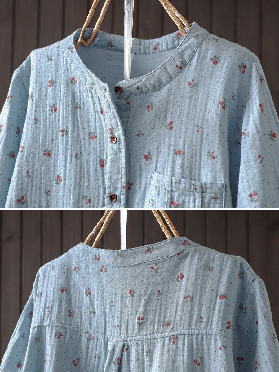 Plus Size Women Summer Artsy Floral Stand Collar 100%Cotton Shirt