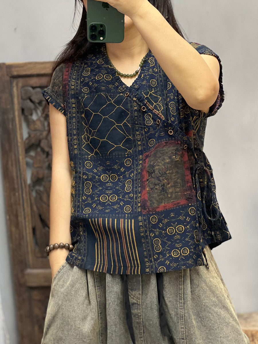 Plus Size Women Summer Ethnic Flower Strap V-Neck Tank