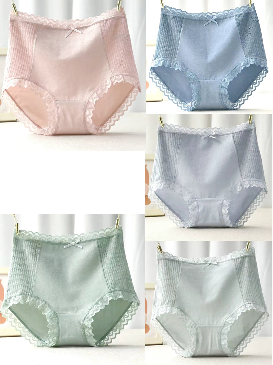 5 Pieces Women Artsy Pure Color Lace High Waist Underwear