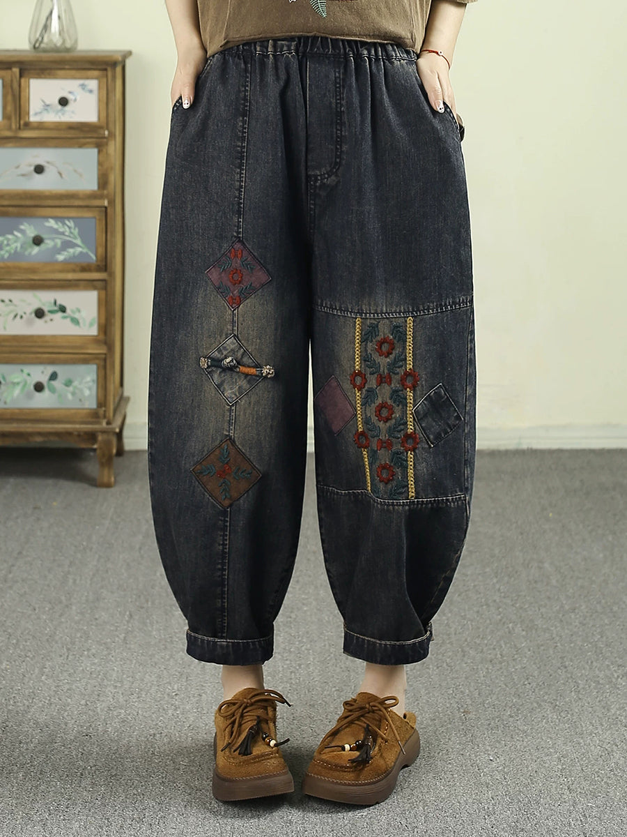 Women Summer Retro Embroidery Harem Jeans