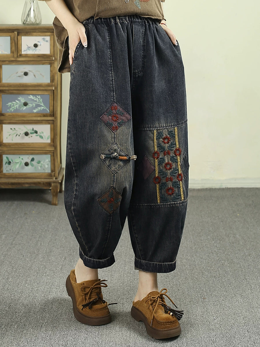 Women Summer Retro Embroidery Harem Jeans
