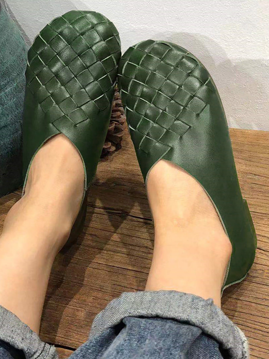 Leather Women Solid Color Woven Round Toe Flat Shoes