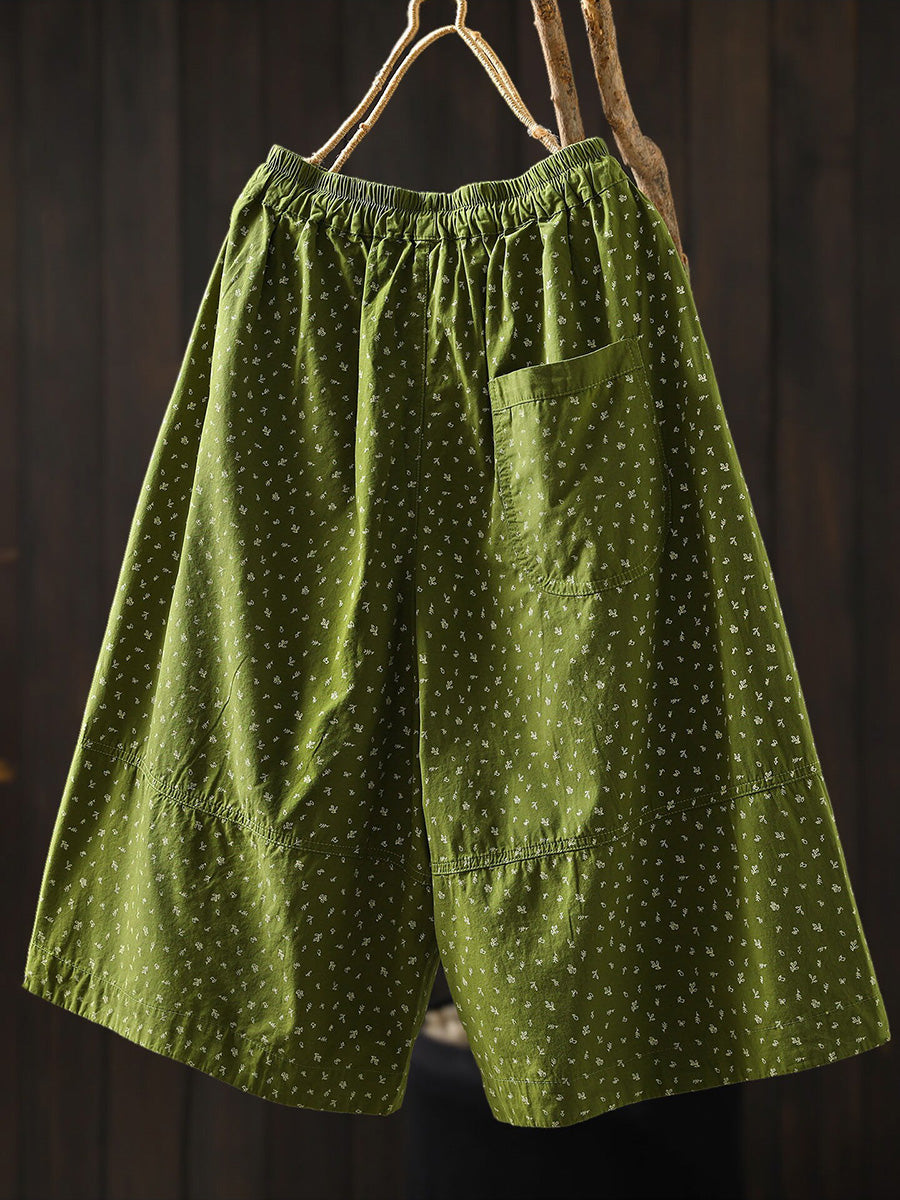 Plus Size Women Summer Floral Artsy Cotton Wide-Leg Pants