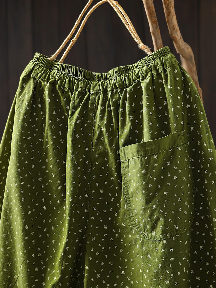 Plus Size Women Summer Floral Artsy Cotton Wide-Leg Pants