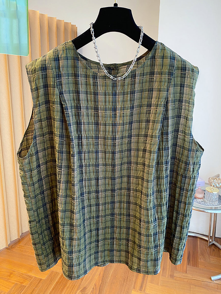 Plus Size Women Summer Plaid Artsy Crew Cotton Sleeveless Blouse