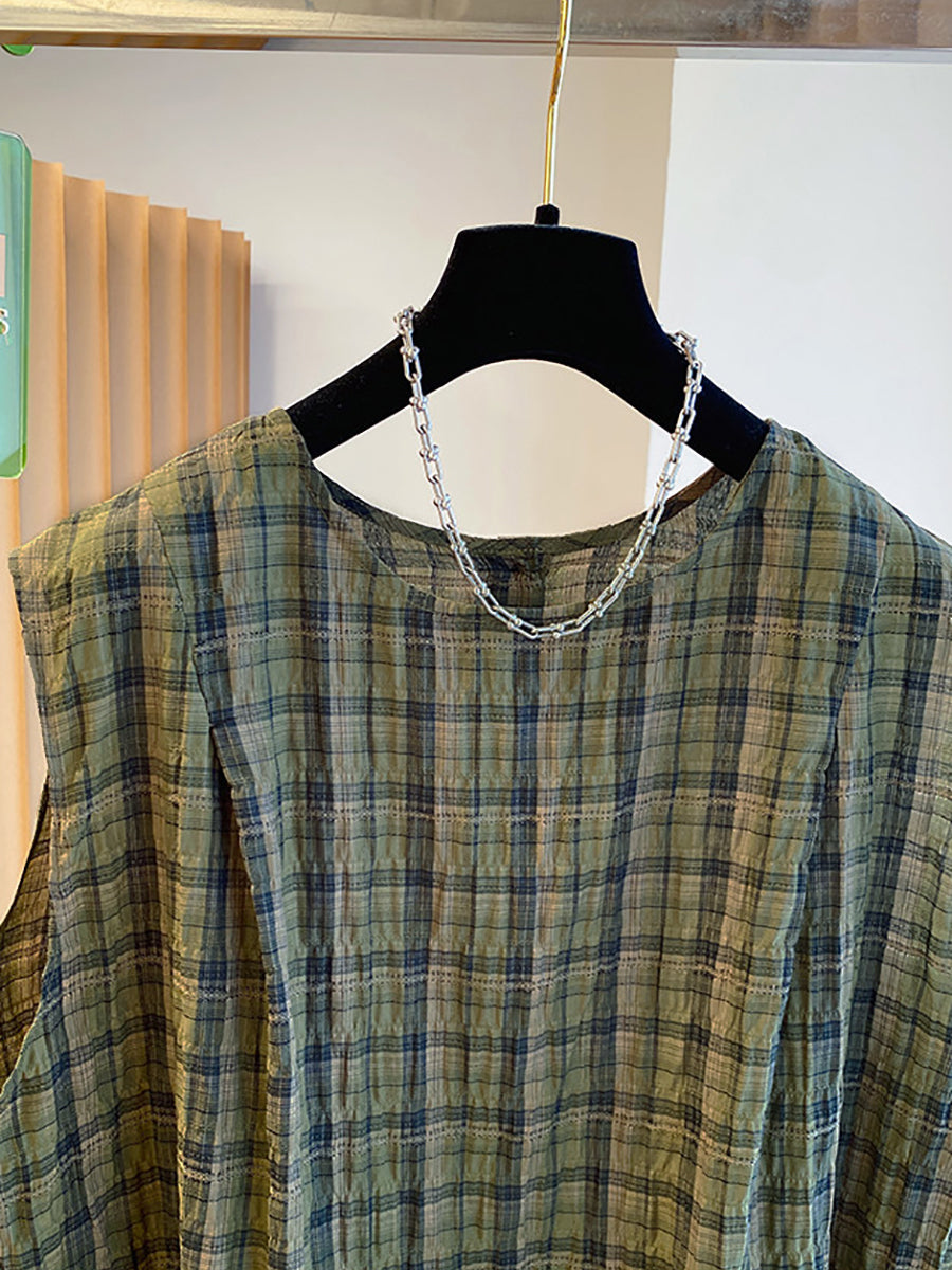Plus Size Women Summer Plaid Artsy Crew Cotton Sleeveless Blouse